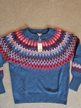 Sundance Blue Crewneck Sweater with Red and Purple Fair Isle Yoke